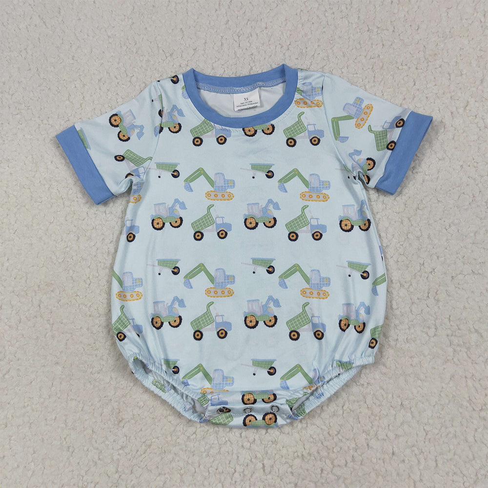 7.1 RTS NO MOQ Baby Boys Summer Bodysuit SR3142 Short Sleeves Blue Excavators Plaid Rompers
