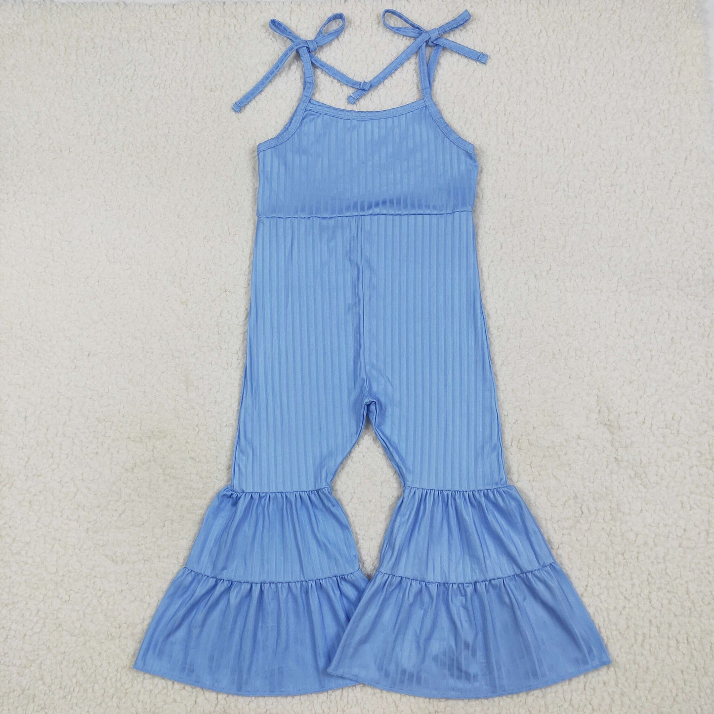 7.18 RTS NO MOQ Summer Baby Girls Bodysuit SR3159 Blue Strap Bell Bottom Ribbed Jumpsuits