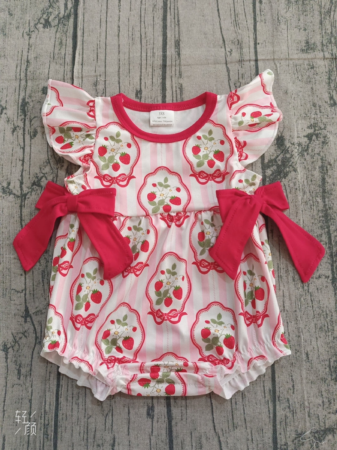 RTS Baby Girls Infant Short Sleeves Strawberry Floral Bows Bubble Romper