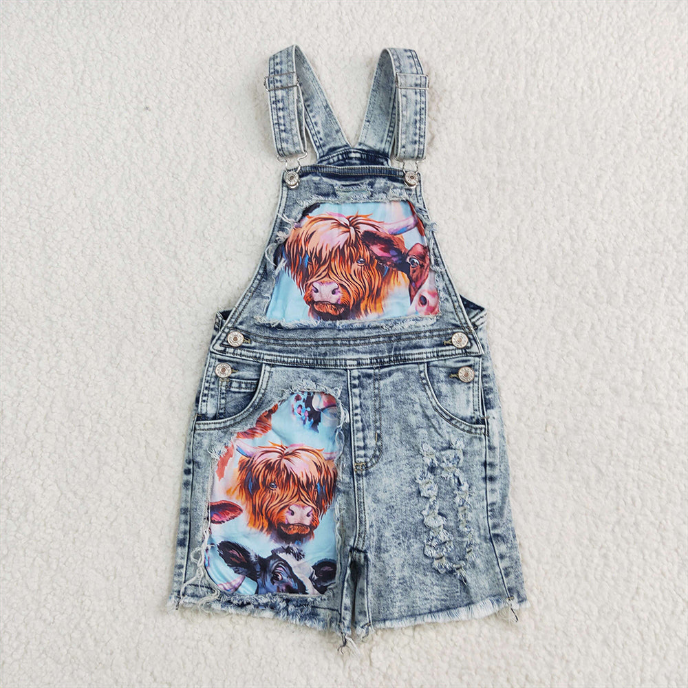 RTS NO MOQ Summer Baby Girls Bodysuit SS0023 Highland Cow Western Denim Shorts Overalls
