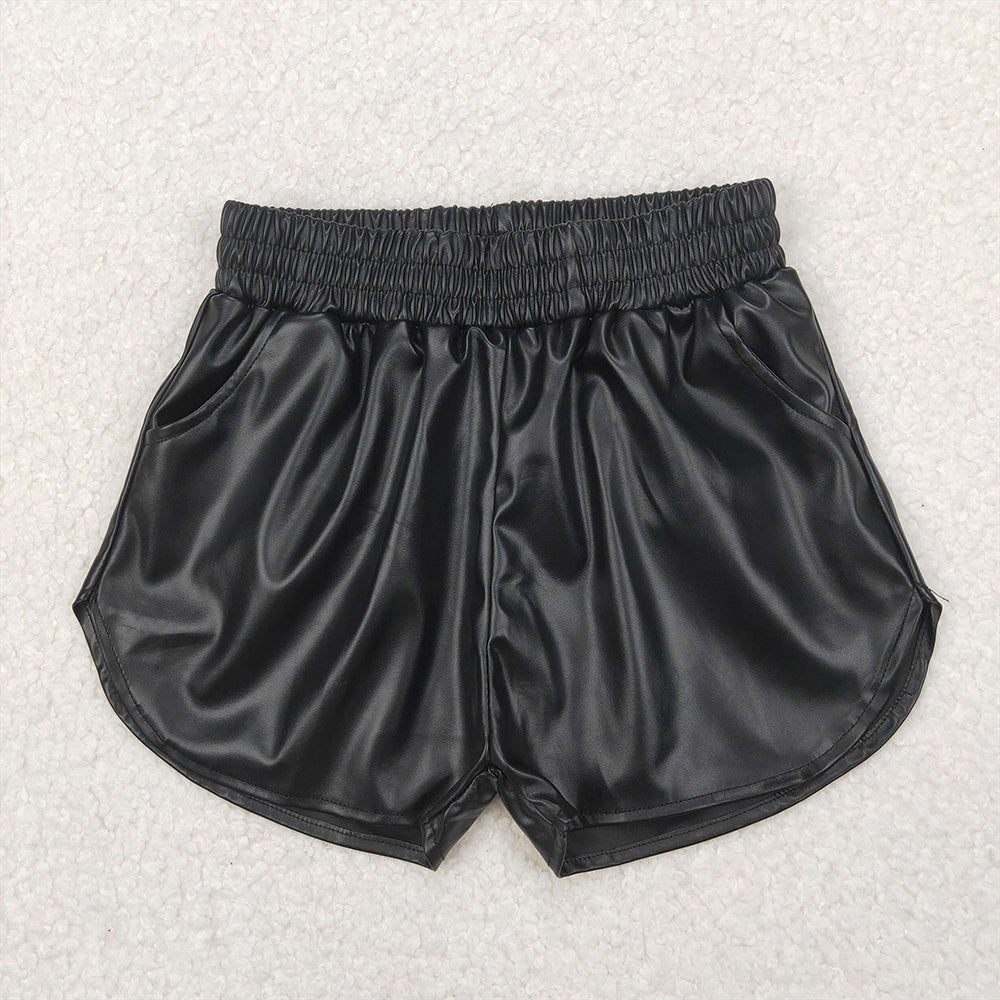 RTS NO MOQ Kids Girls Summer Shorts Black Pocket Leather Elastic Bottom Shorts