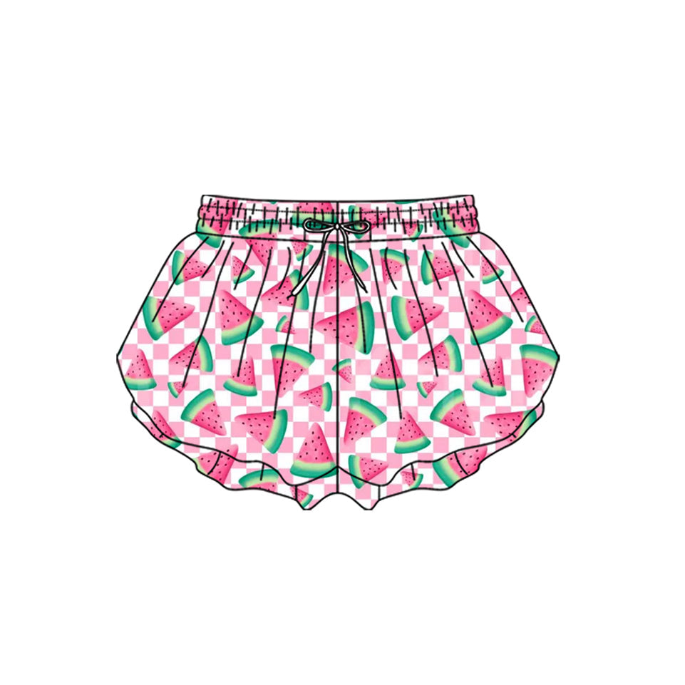 ( Moq 5 ) Preorder Baby Girls Kids Watermelon Pink Plaid Ruffle Shorts Bottom Yoga Clothes