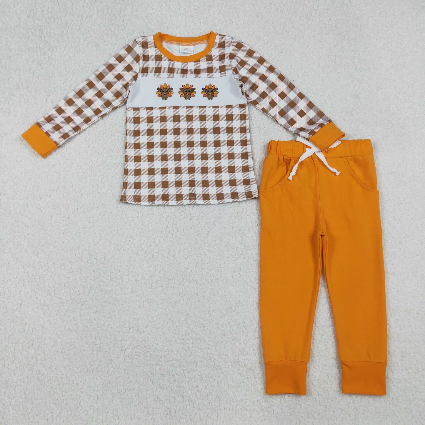 RTS Boys Kids Embroidery turkey Plaid Shirt Orange Pockets Pants Thanksgiving Set