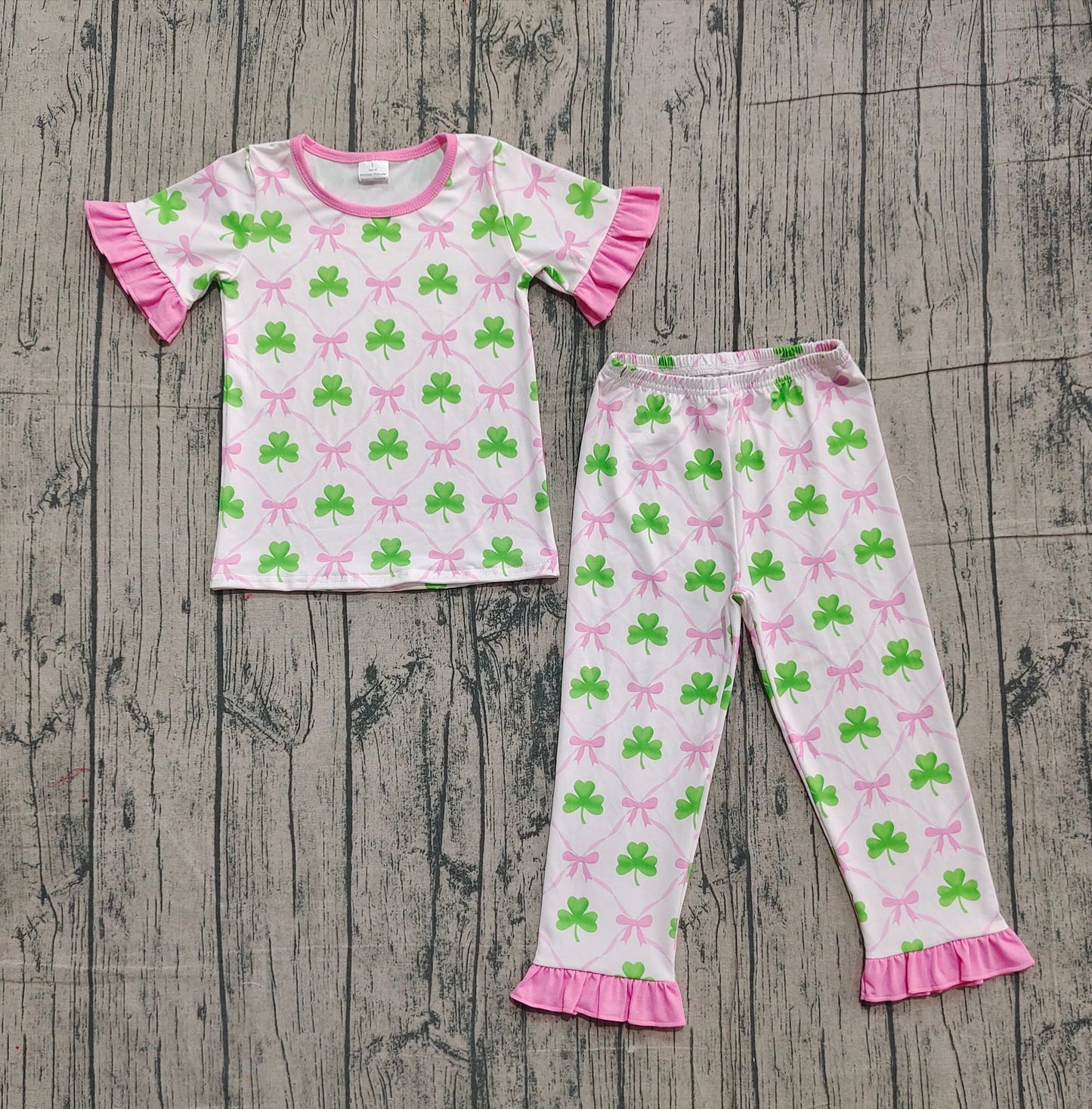 RTS Baby Girl Short Sleeves St Patrick Pink Bows Shirt Pants Pajamas Clothes Set