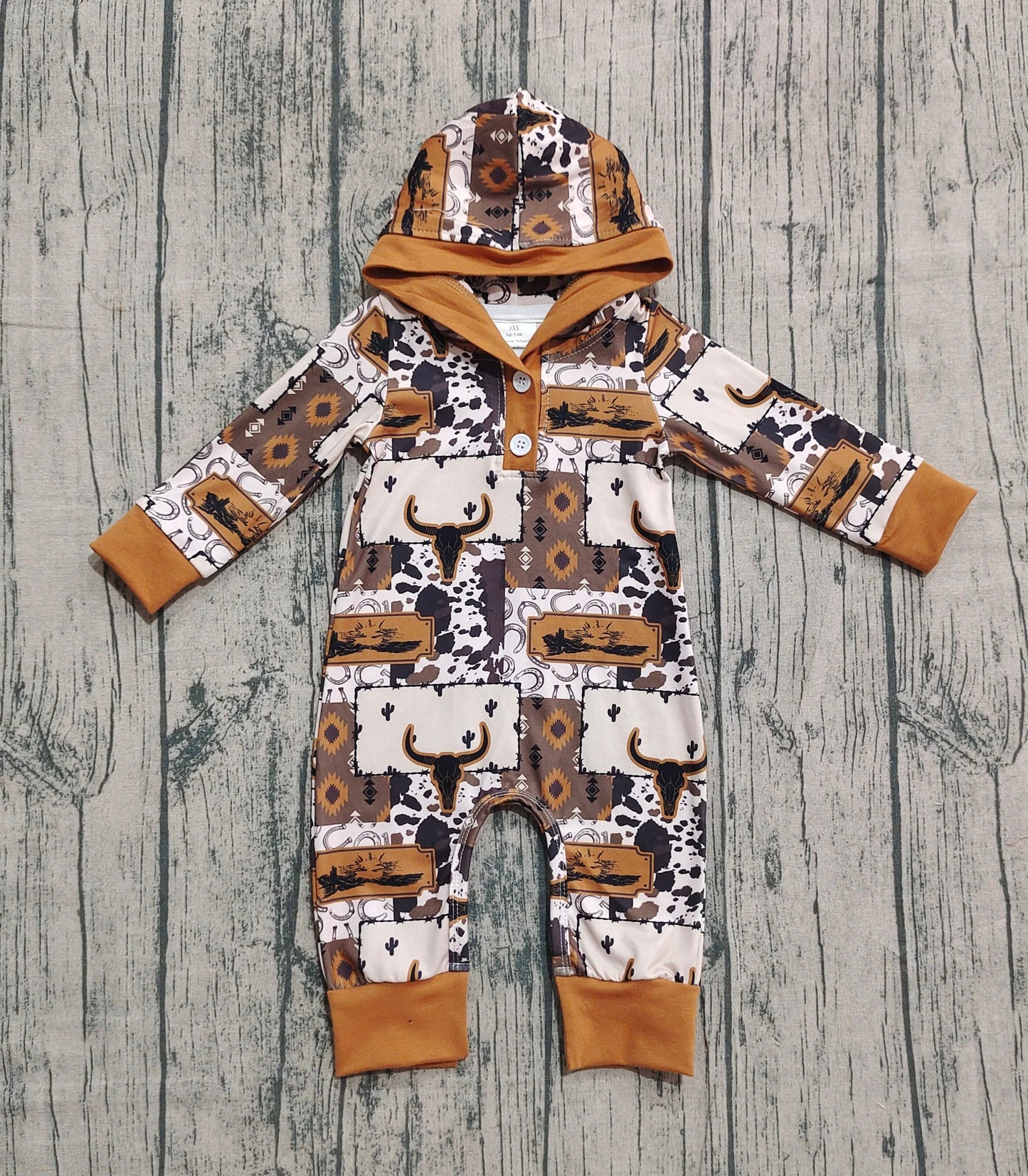 RTS Baby Boy Long Sleeves Cow Cactus Aztec Hoodie Western Romper