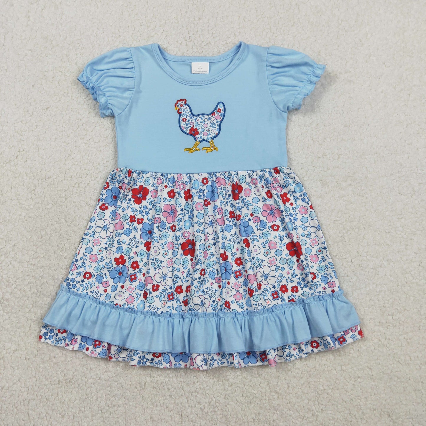 Sibling Baby Girls Blue Short Sleeves Embroidery Chicken Floral Knee Length Dress Set RTS