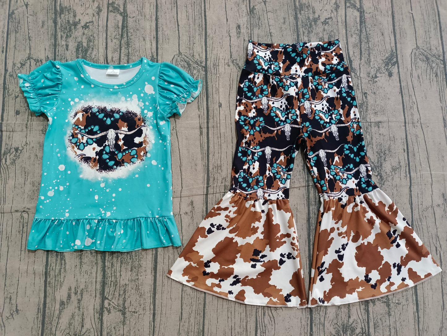 RTS Baby Girls Kids Short Sleeves Shirt Western Turquoises Cow Bell Pants Set