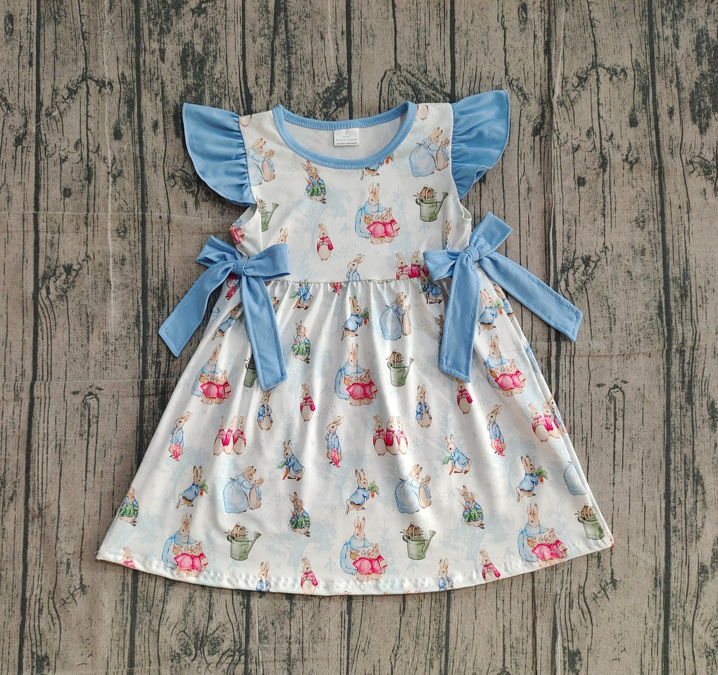 RTS Baby Girls Kids Short Sleeves Rabbits Blue Bows Easter Knee Length Dress