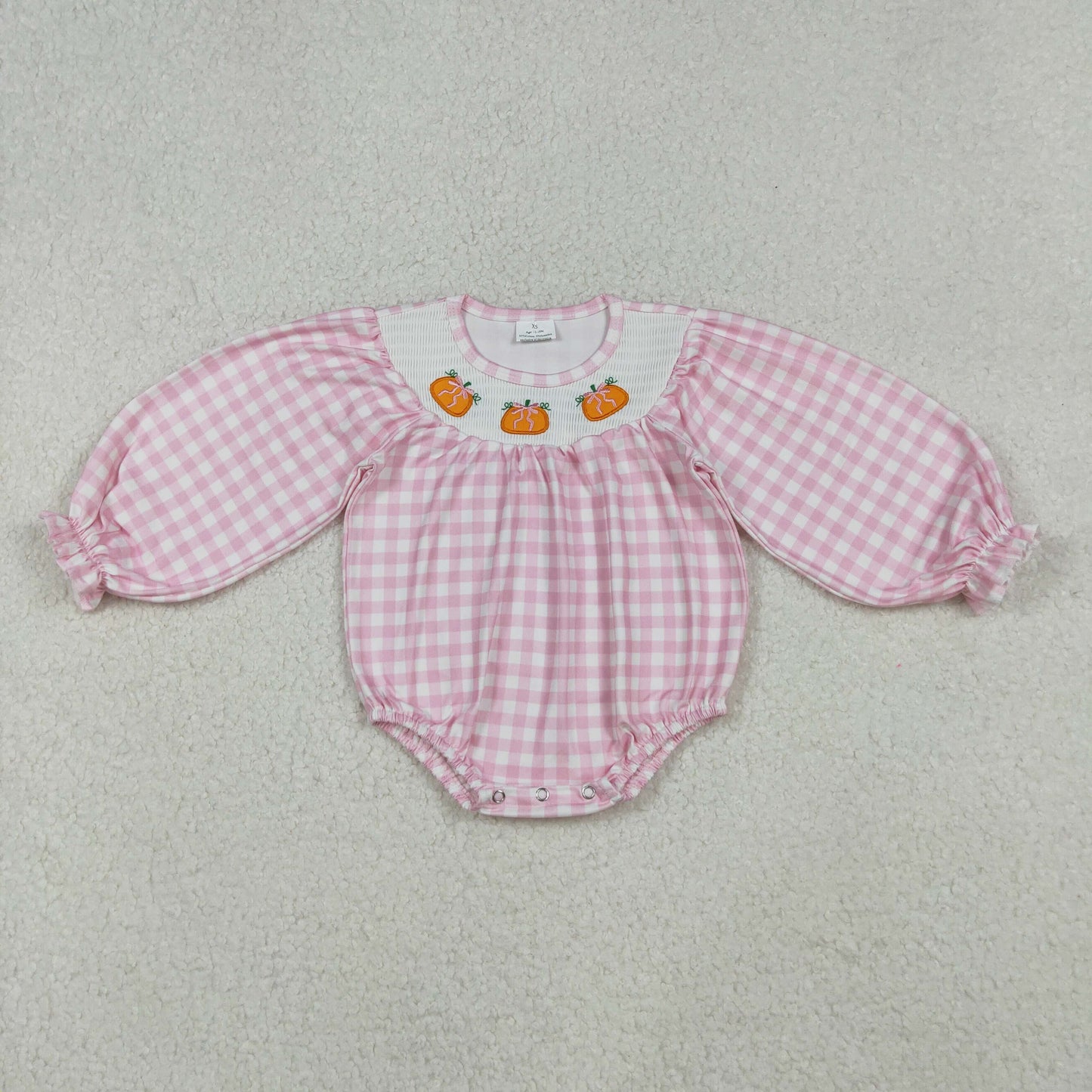 RTS Baby Girl Long Sleeves Embroidery Pumpkin Bows Pink Checked Smocked Romper