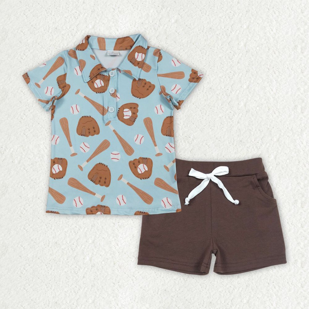 RTS Baby Boys Kids Short Sleeves Baseball Buttons Shirt Brown Pockets Shorts Clothes Set