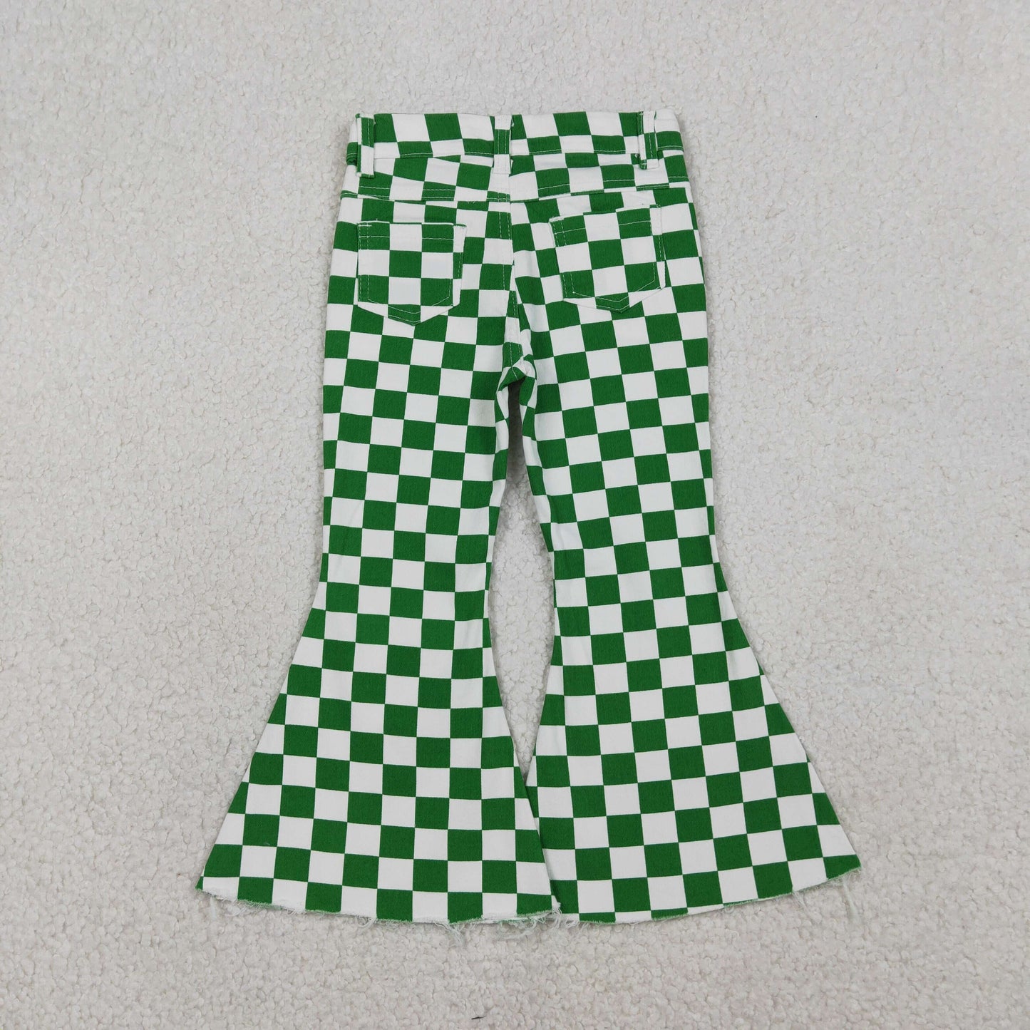 RTS Girls Girls Kids Green Checkered Denim Bell Pants Jeans Bottoms
