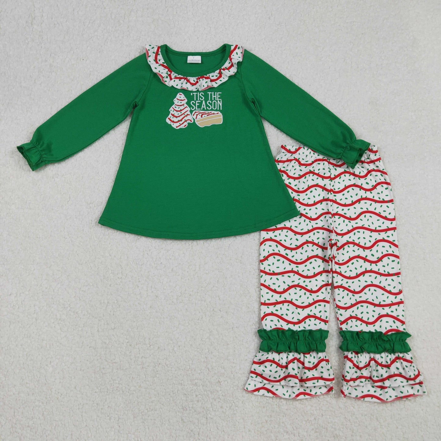 RTS Baby Girl Long Sleeves Embroidery Cakes Green Tunic Ruffle Pants Christmas Set Clothes