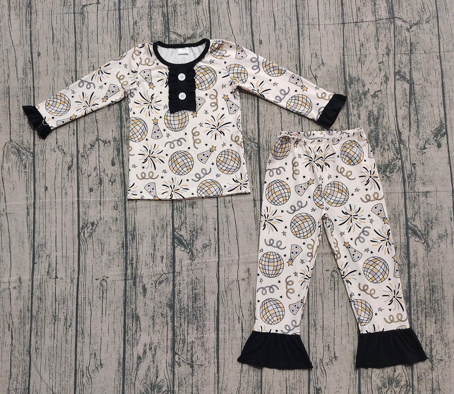RTS Baby Girl Long Sleeves Happy New Year Buttons Shirt Pants Pajamas Set