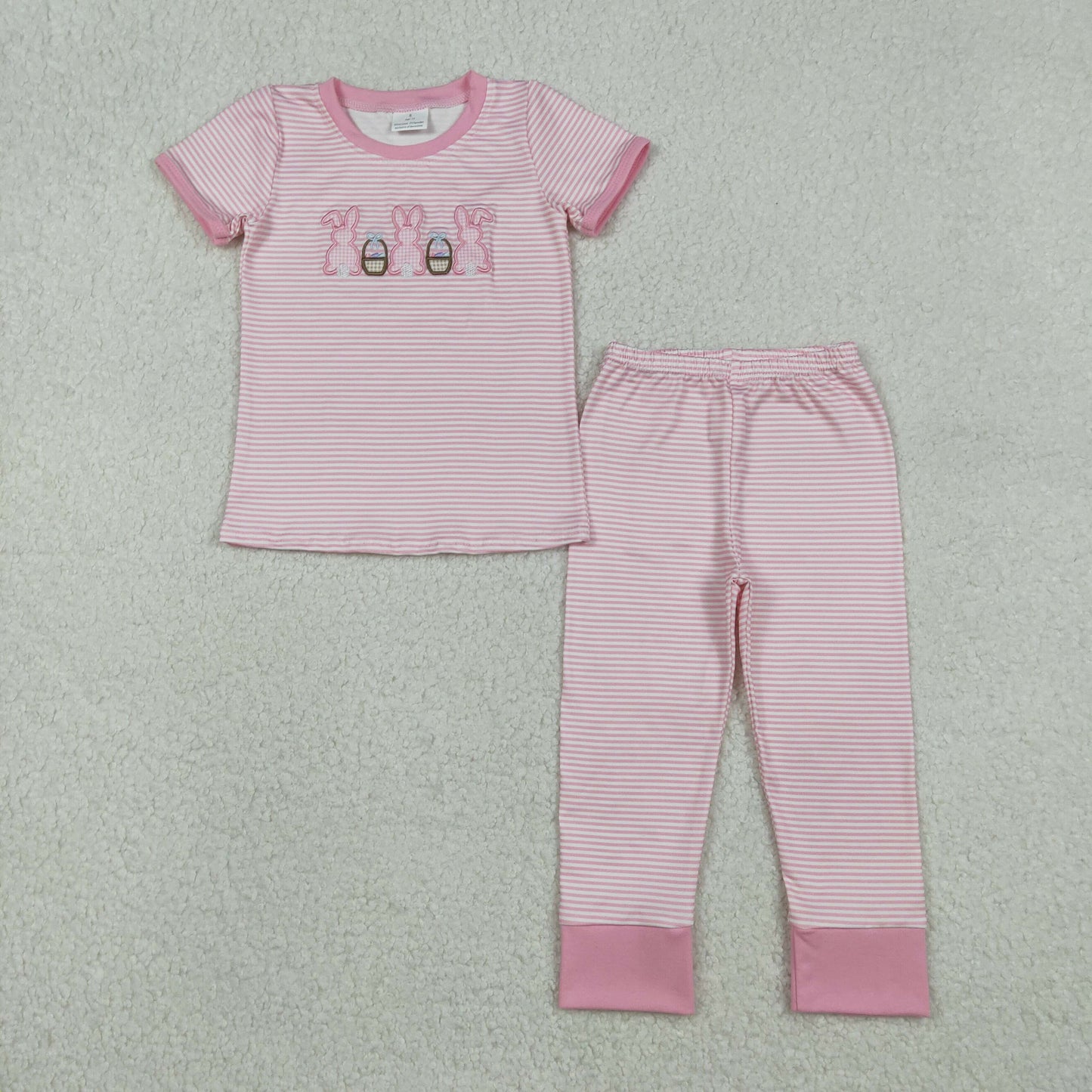 RTS Baby Boys Kids Embroidery Rabbits Eggs Shirt Blue Stripes Pants Easter Pajamas Clothes Set