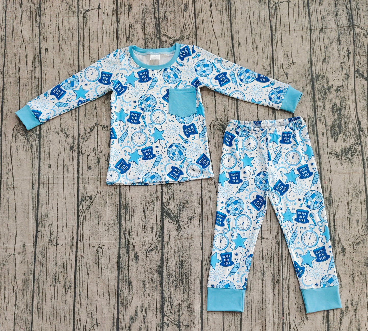 RTS Boys Kids Long Sleeves Shirt Pants Happy New Year Blue Pajamas Set