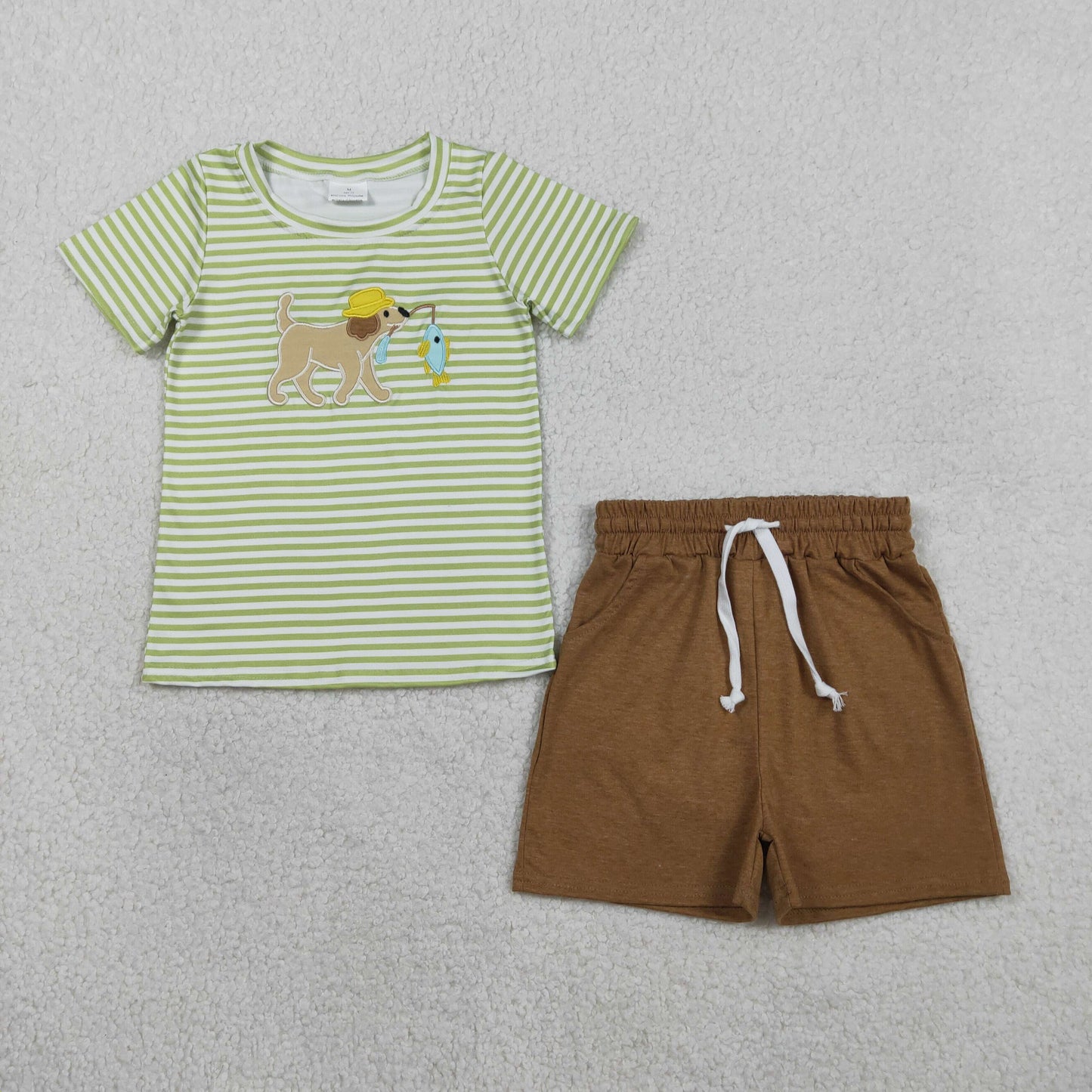RTS Baby Boys Short Sleeves Embroidery Dog Fishing Shirt Pockets Brown Shorts Clothes Set
