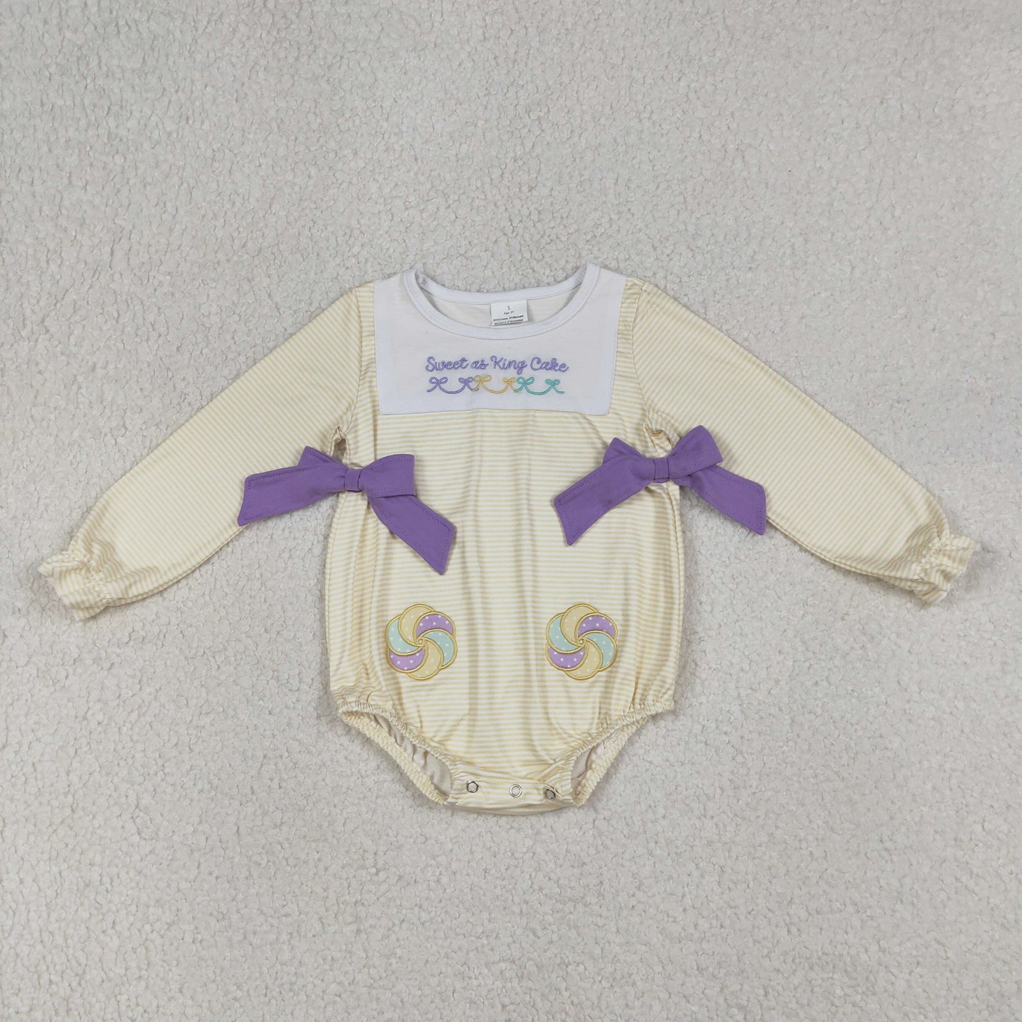 RTS Baby Girls Infant Long Sleeves Embroidery Sweet Cake Bows Mardi Gras Bubble Romper
