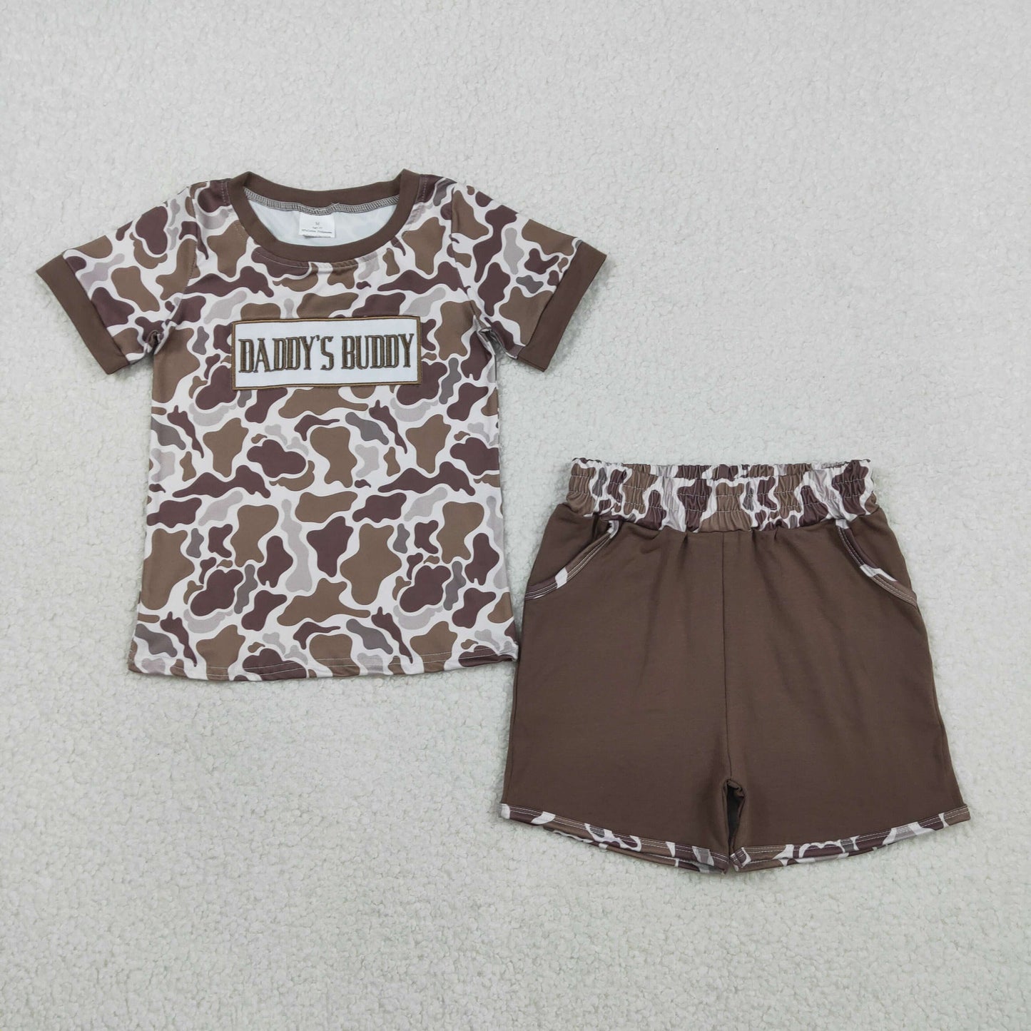 RTS Baby Boys Kids Short Sleeves Embroidery Daddy's Buddy Camo Shirt Pockets Brown Shorts Set