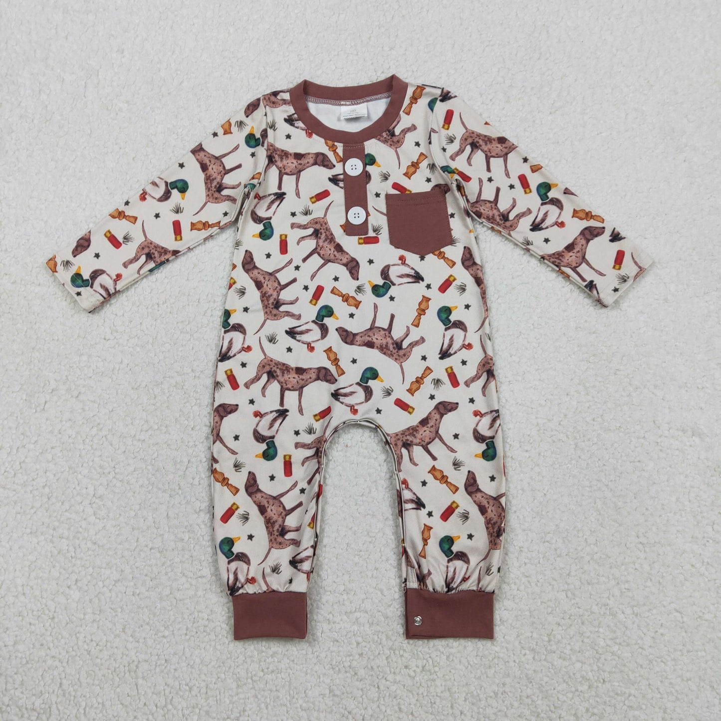 RTS Baby Boy Infant Long Sleeves Ducks Dogs Buttons Pocket Hunting Romper