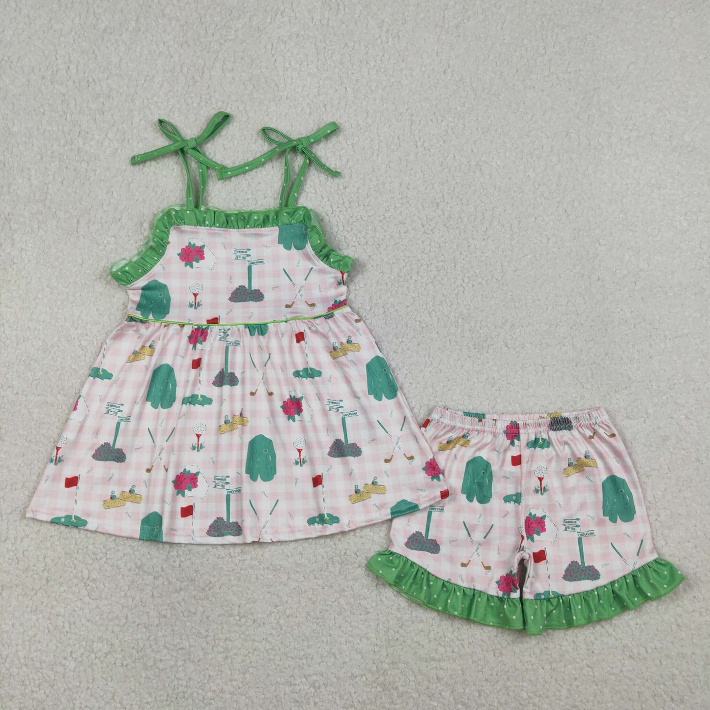 RTS Baby Girls Kids Straps Golf Plaid Tops Ruffle Shorts Clothes Set