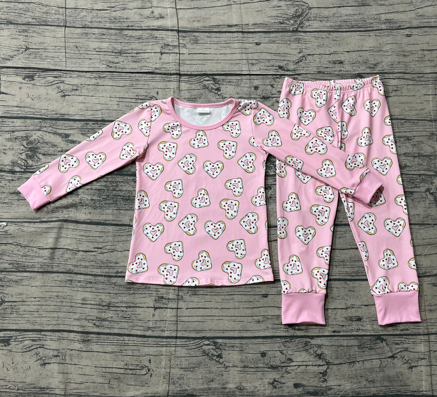 RTS Baby Girls Kids Long Sleeves Donuts Hearts Shirt Pants Valentines Pajamas Pink Set