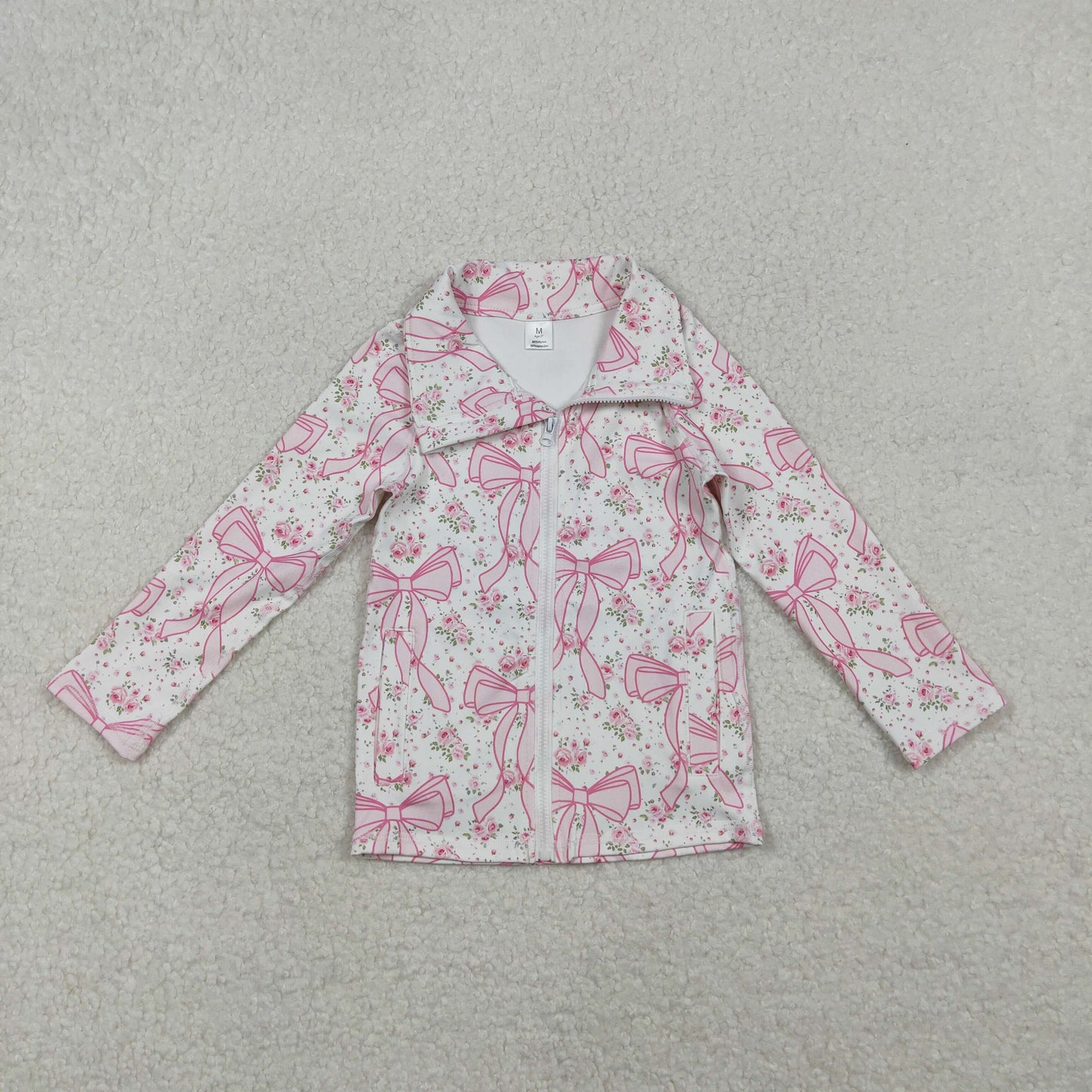 RTS Baby Girl Long Sleeves Pink Floral Bows Pockets Yoga Active Zipper Shirt Tops