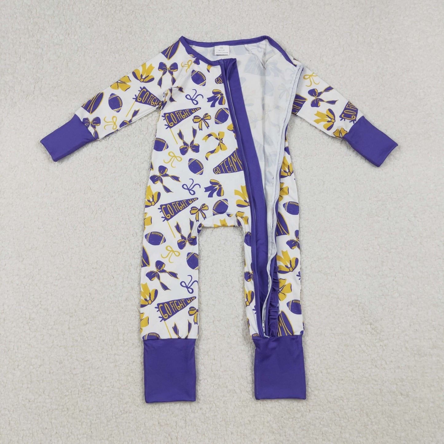RTS Baby Girl Long Sleeves Football Bows Team Cheer Purple Zipper Romper