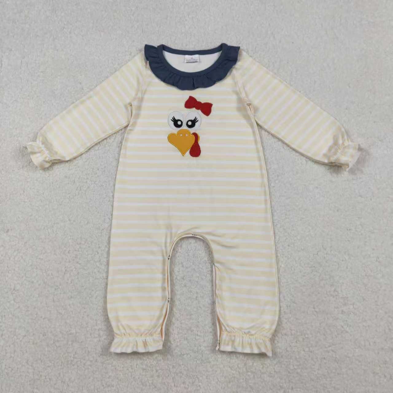 RTS Sibling Baby Girl Long Sleeves Embroidery turkey Bow Stripes Thanksgiving Fall Romper Set