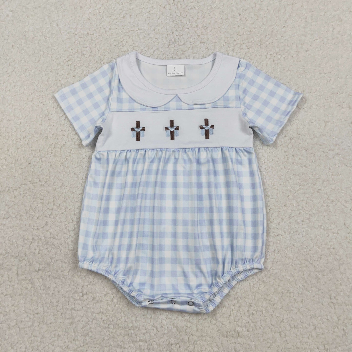 Sibling Baby Boys Infant Embroidery Crosses Blue Plaid Easter Rompers RTS