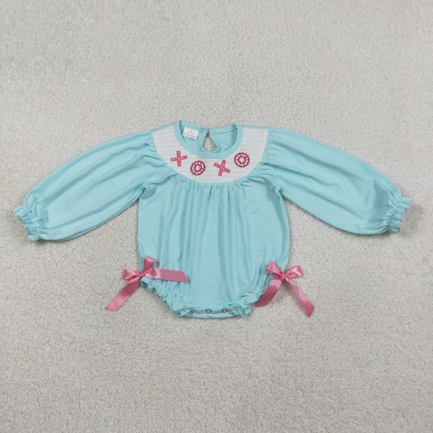 RTS Baby Girls Infant Long Sleeves Embroidery Smocked XOXO Bows Valentines Bubble Romper