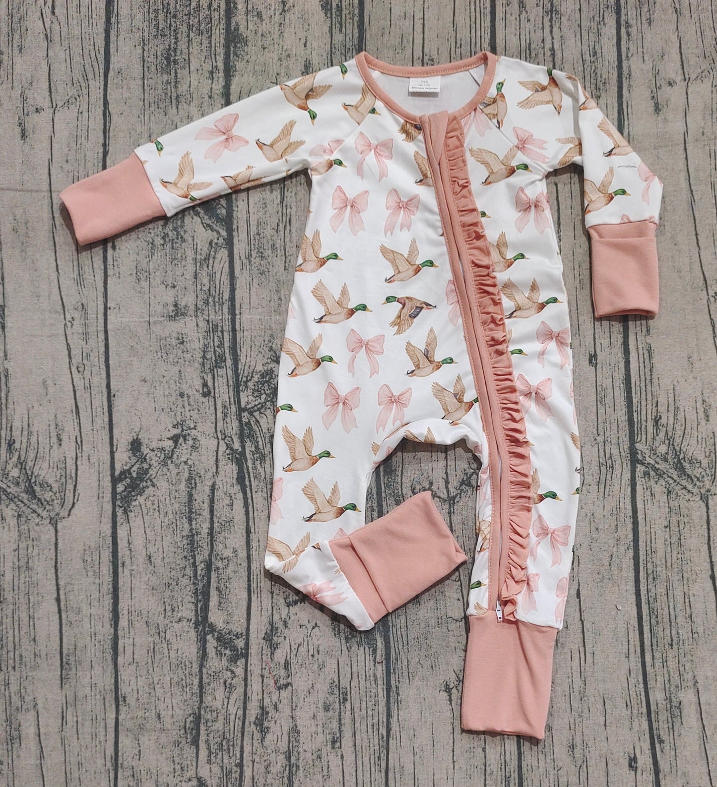 RTS Baby Girl Long Sleeves Ducks Pink Bows Zipper Pajamas Romper