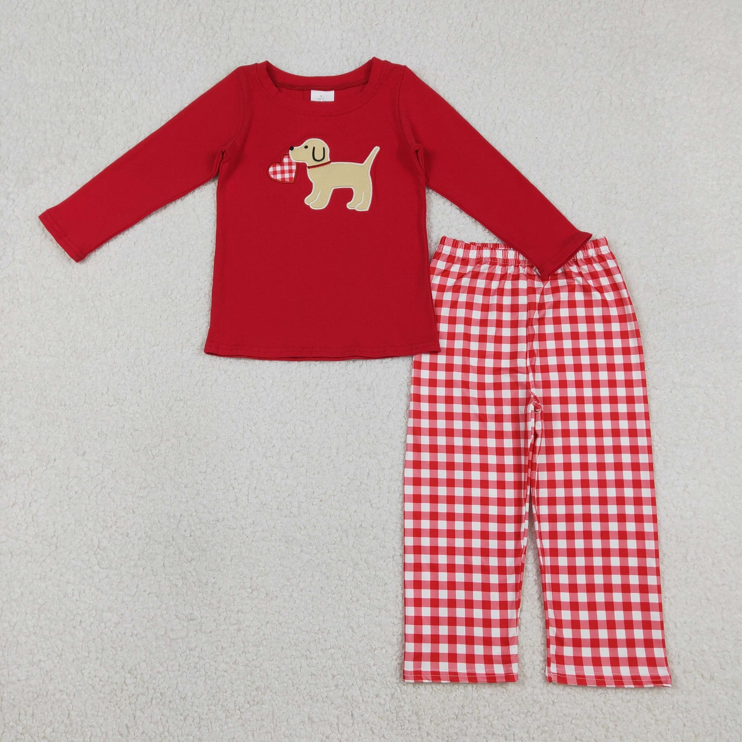 RTS Baby Boys Red Long Sleeves Embroidery Dog Heart Shirt Plaid Pants Valentine Set