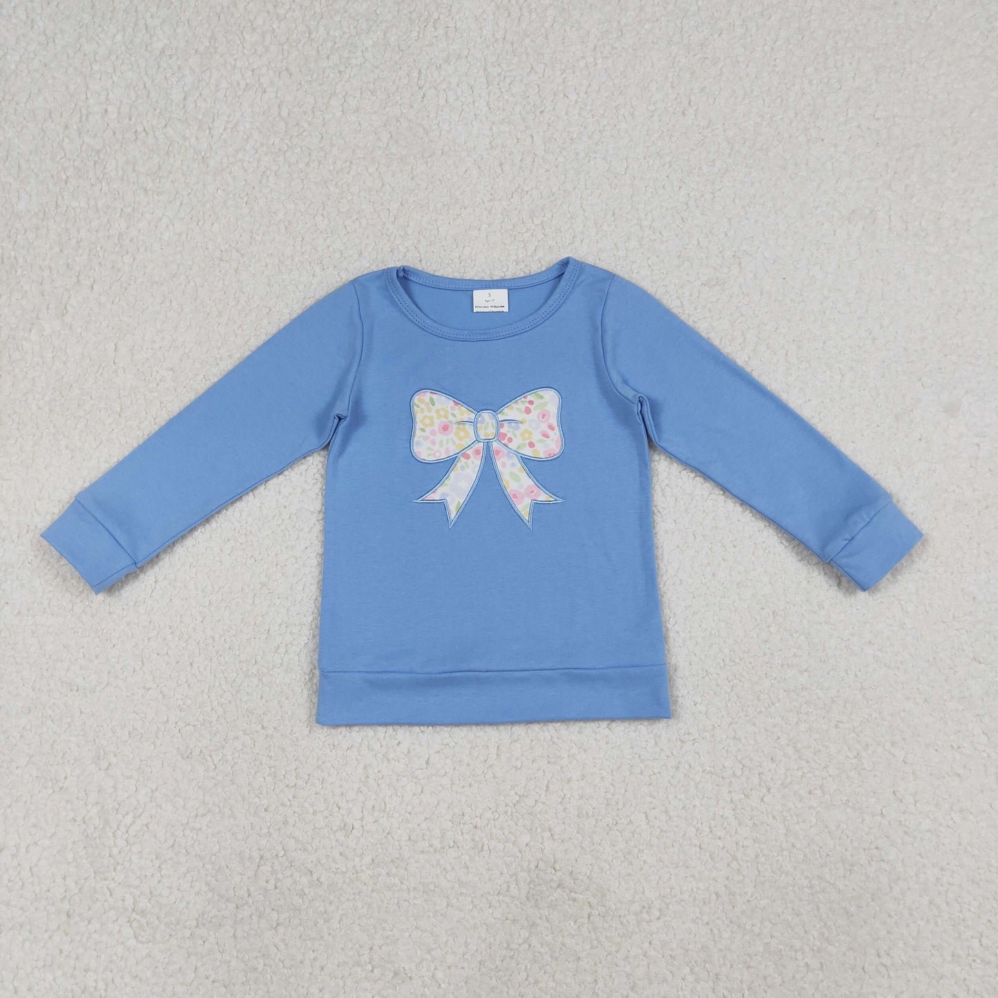 RTS Baby Girls Blue Long Sleeves Embroidery Floral Bows Cotton Shirt Tops