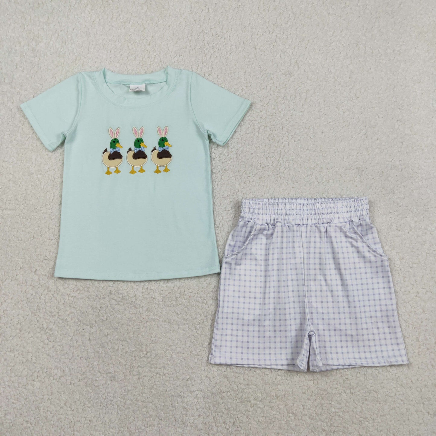 RTS Baby Boys Embroidery Rabbits Ducks Shirt Plaid Pockets Shorts Easter Clothes Set