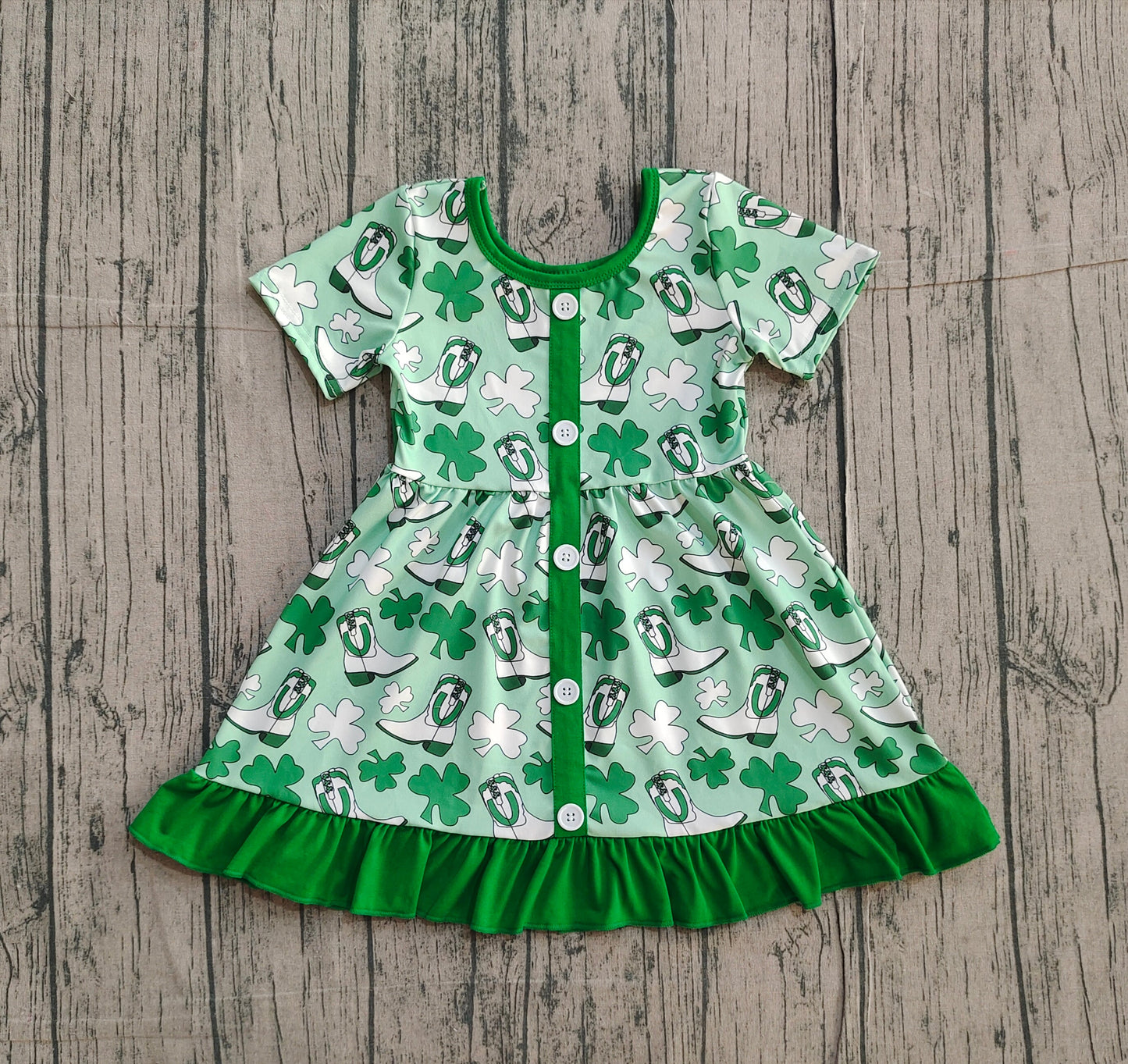 RTS Baby Girls Kids Short Sleeves Clovers Boots St Patrick Ruffle Green Dress