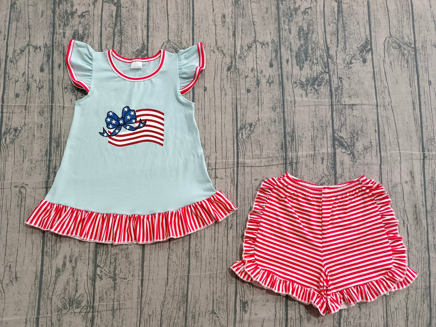 ( No moq ) Preorder Baby Girls Kids Short Sleeves Flag Stars Bow Tops Stripes Shorts 4th of July Set