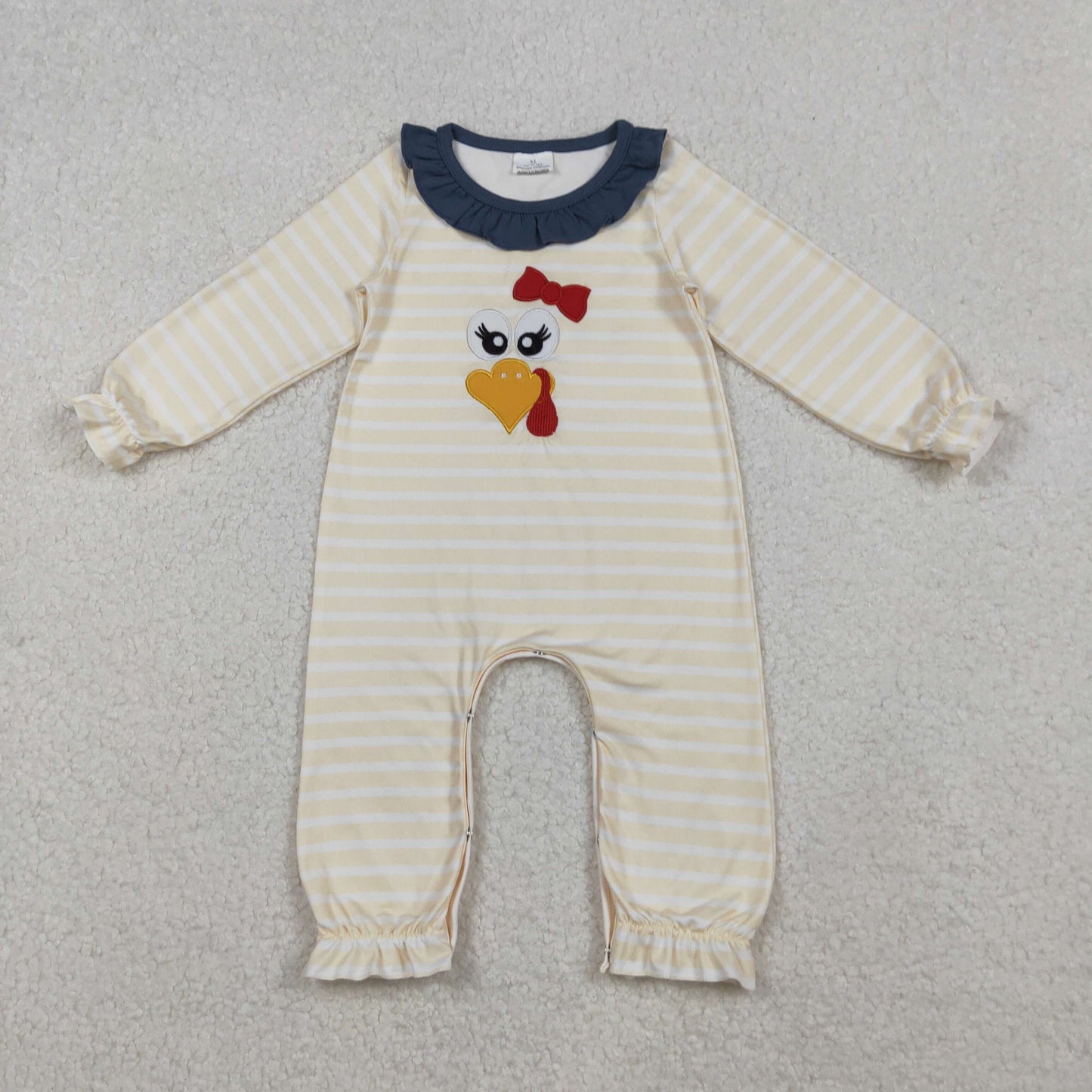 RTS Baby Girl Long Sleeves Embroidery turkey Bow Stripes Ruffle Thanksgiving Fall Romper