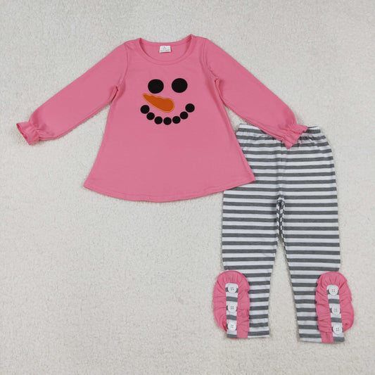 RTS Baby Girl Long Sleeves Embroidery  Christmas Snowman Pink Shirt Stripes Pants Outfit