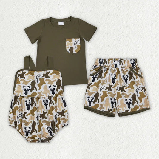 RTS Sibling Baby Boys Kids Short Sleeves Deer Camo Shirt Pockets Shorts Set Romper Clothes