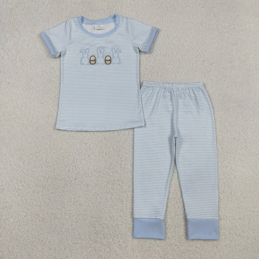 RTS Baby Boys Kids Embroidery Rabbits Eggs Shirt Blue Stripes Pants Easter Pajamas Clothes Set