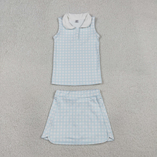 Baby Girls Sleeveless Blue Plaid Buttons Tops Skirt Shorts Yoga Clothes Set RTS