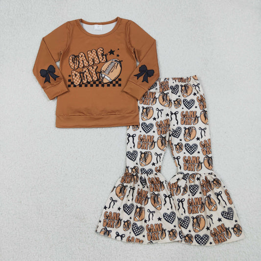 RTS Baby Girl Long Sleeves Game Day Brown Shirt Football Bows Pants Set