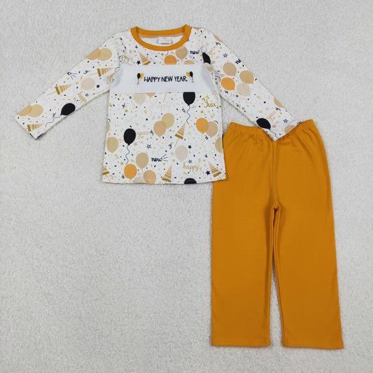 RTS Boys Kids Embroidery Happy New Year Balloons Shirt Pants Clothes Set