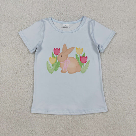 RTS Baby Girls Short Sleeves Flower Rabbit Easter Blue Shirt Tops