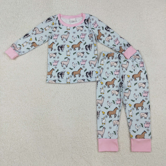 RTS Baby Girl Long Sleeves Farm Animals Flower Shirt Pants Pajamas Set