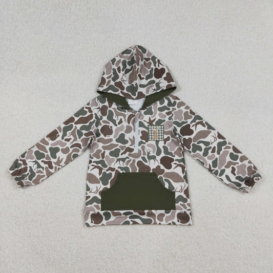 RTS Baby Boy Long Sleeves Embroidery Deer Dog Duck Hoodie Zipper Green Camo Shirt