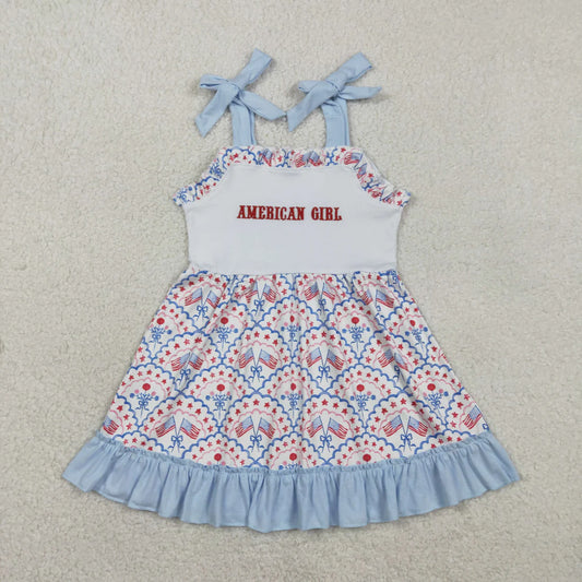 RTS Baby Kids Straps Embroidery American Girl Flags Bows 4th of July Blue Ruffle Dress