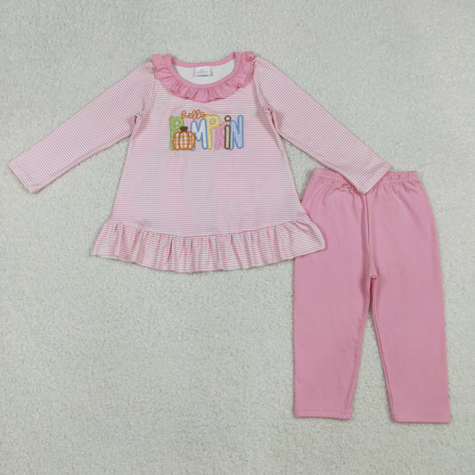 RTS Baby Girl Long Sleeves Stripes Embroidery Pumpkin Tunic Pink Pants Set