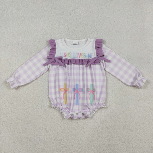 RTS Baby Girls Infant Long Sleeves Jesus Loves Me Purple Plaid Cross Easter Romper
