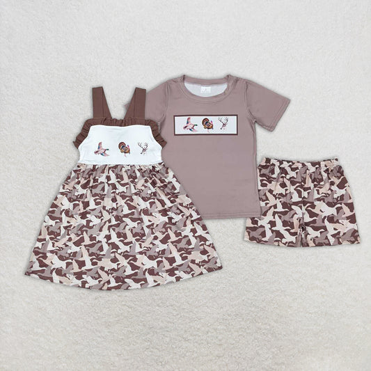 RTS NO MOQ Summer Sibling  Baby Girls Camo Duck Turkey Deer Sibling Dress Boys Clothes Sets